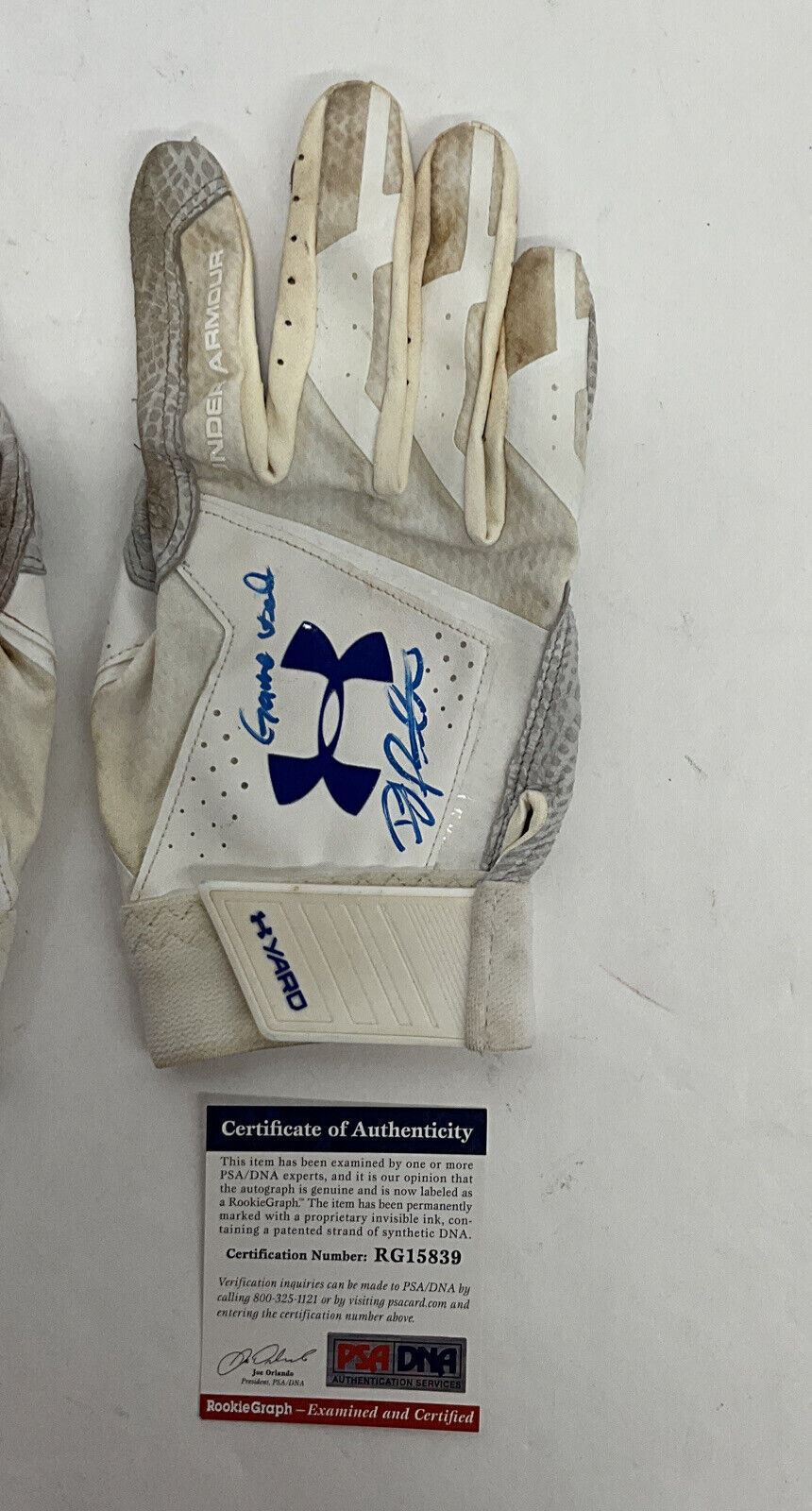 DJ PETERS DODGERS TIGERS SIGNED GAME USED BATTING GLOVES PSA RG15838/39