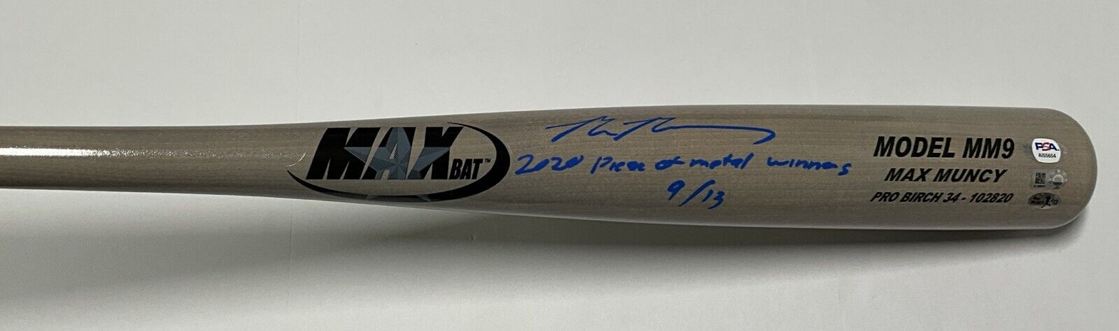 9/13 MAX MUNCY SIGNED GAME MODEL MM9 MAXBAT "2020 piece of metal winner" MLB PSA