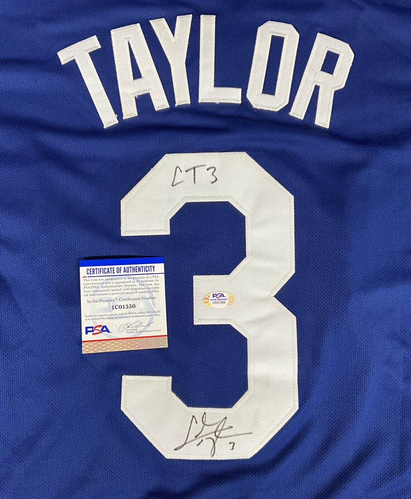 CHRIS TAYLOR DODGERS SIGNED CITY CONNECT JERSEY "CT3" INSCRIPTION PSA 1C01350