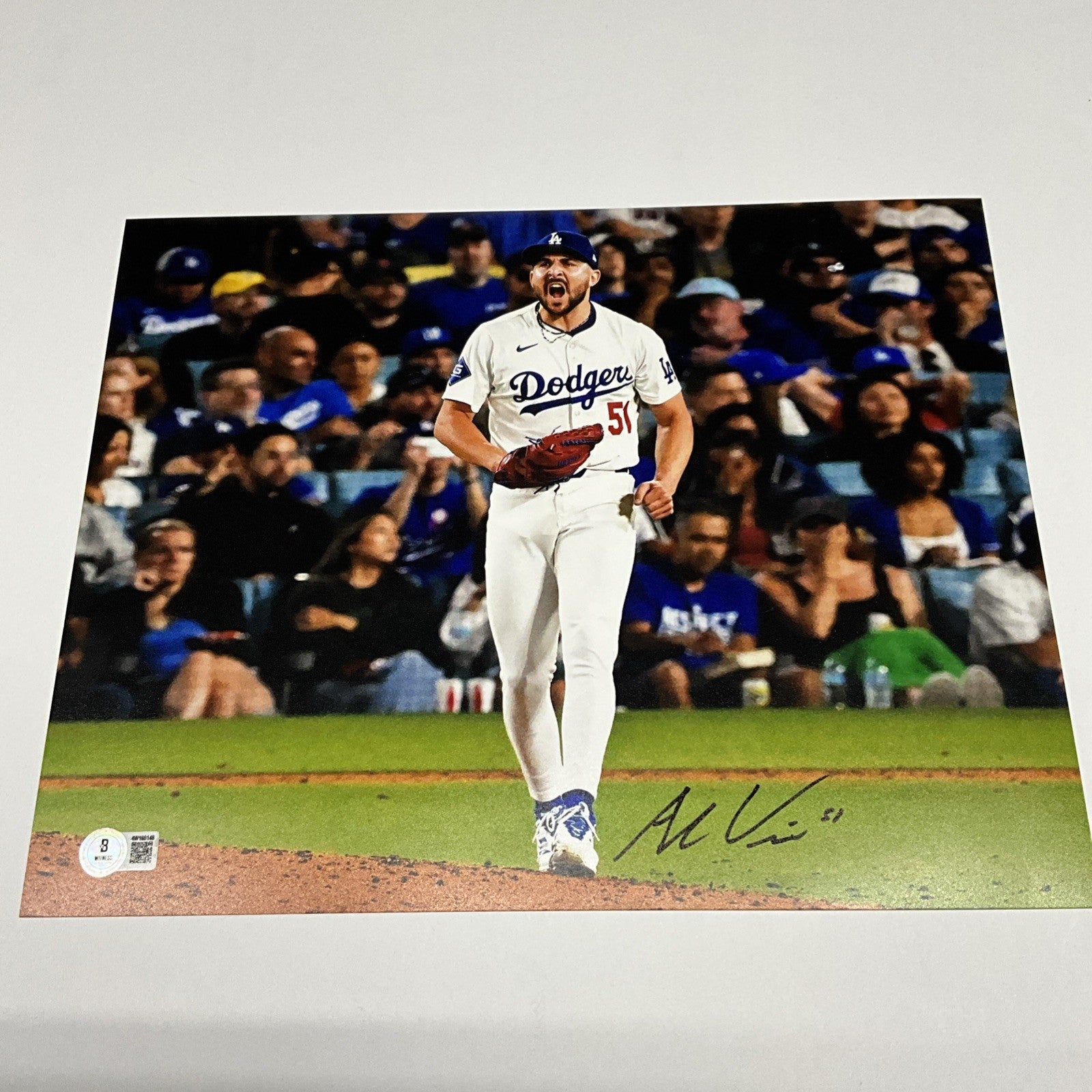 ALEX VESIA DODGERS 2024 WS CHAMPION SIGNED 11X14 SHOUTING PHOTO BAS