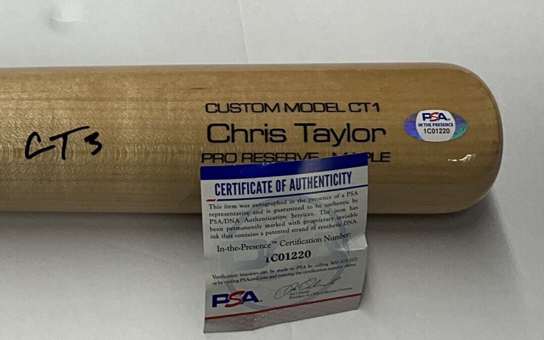 CHRIS TAYLOR DODGERS SIGNED VICTUS MODEL BLONDE BAT "CT3" INSCRIPT PSA 1C01220