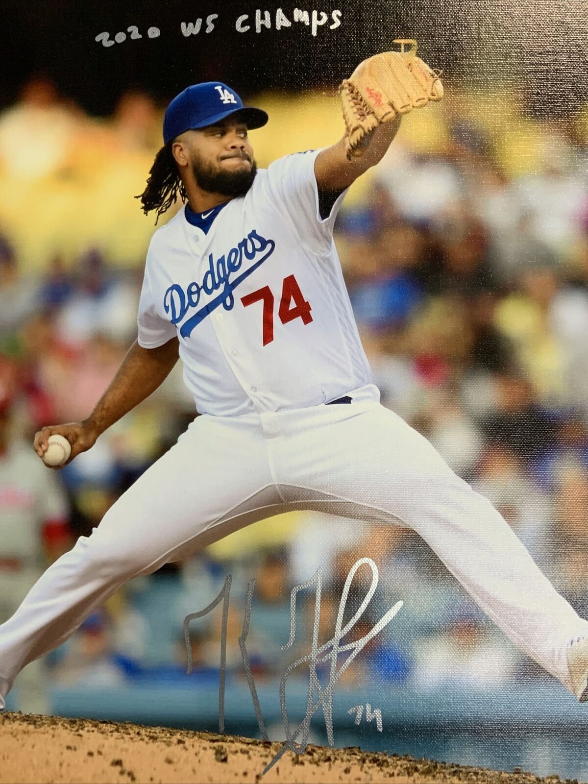 KENLEY JANSEN DODGERS SIGNED 18X22 CANVAS PRINT "2020 CHAMPS" INSC PSA 9A48413