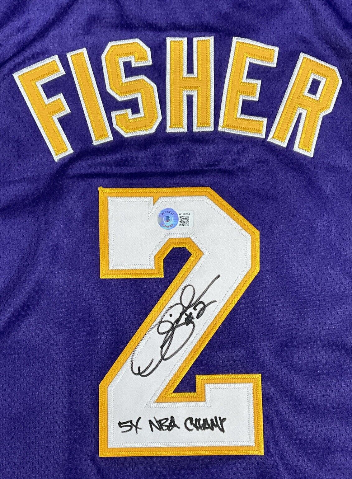 DEREK FISHER SIGNED LAKERS JERSEY "5X NBA CHAMP" INSCRIPTION BECKETT W128204