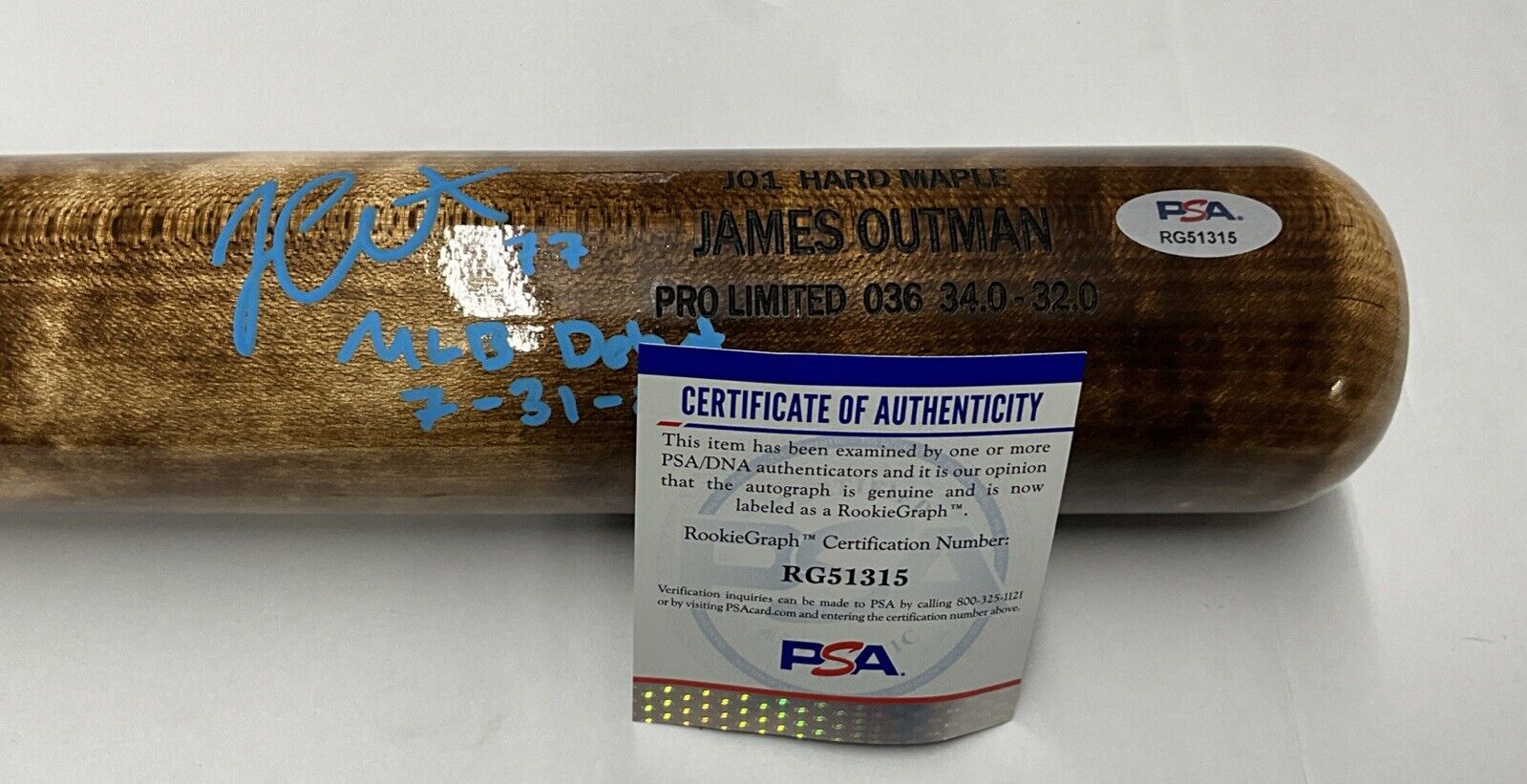 JAMES OUTMAN DODGERS SIGNED MARK LUMBER MODEL BAT "MLB DEBUT 7-31-22 PSA RG51315