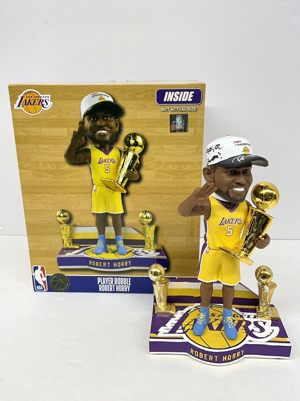 ROBERT HORRY SIGNED LAKERS FOCO /216 BOBBLEHEAD 00,01,02 CHAMPS" INS BAS W128245