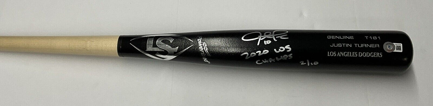 2/10 S JUSTIN TURNER DODGERS SIGNED LOUISVILLE SLUGGER BAT "2020 WS CHAMPS" BAS