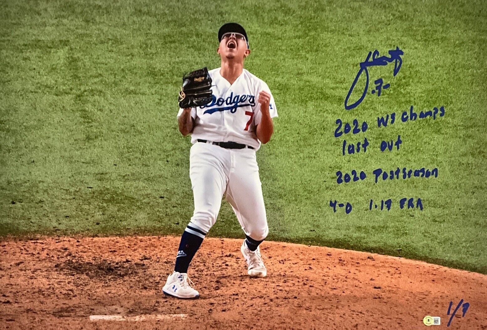 1/7 JULIO URIAS DODGERS SIGNED 22X32 CANVAS "2020 WS CHAMPS, LAST OUT" INS BAS