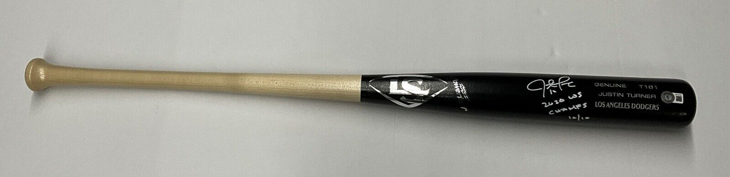 10/10 W JUSTIN TURNER DODGERS SIGNED LOUISVILLE SLUGGER BAT "2020 WS CHAMPS" BAS