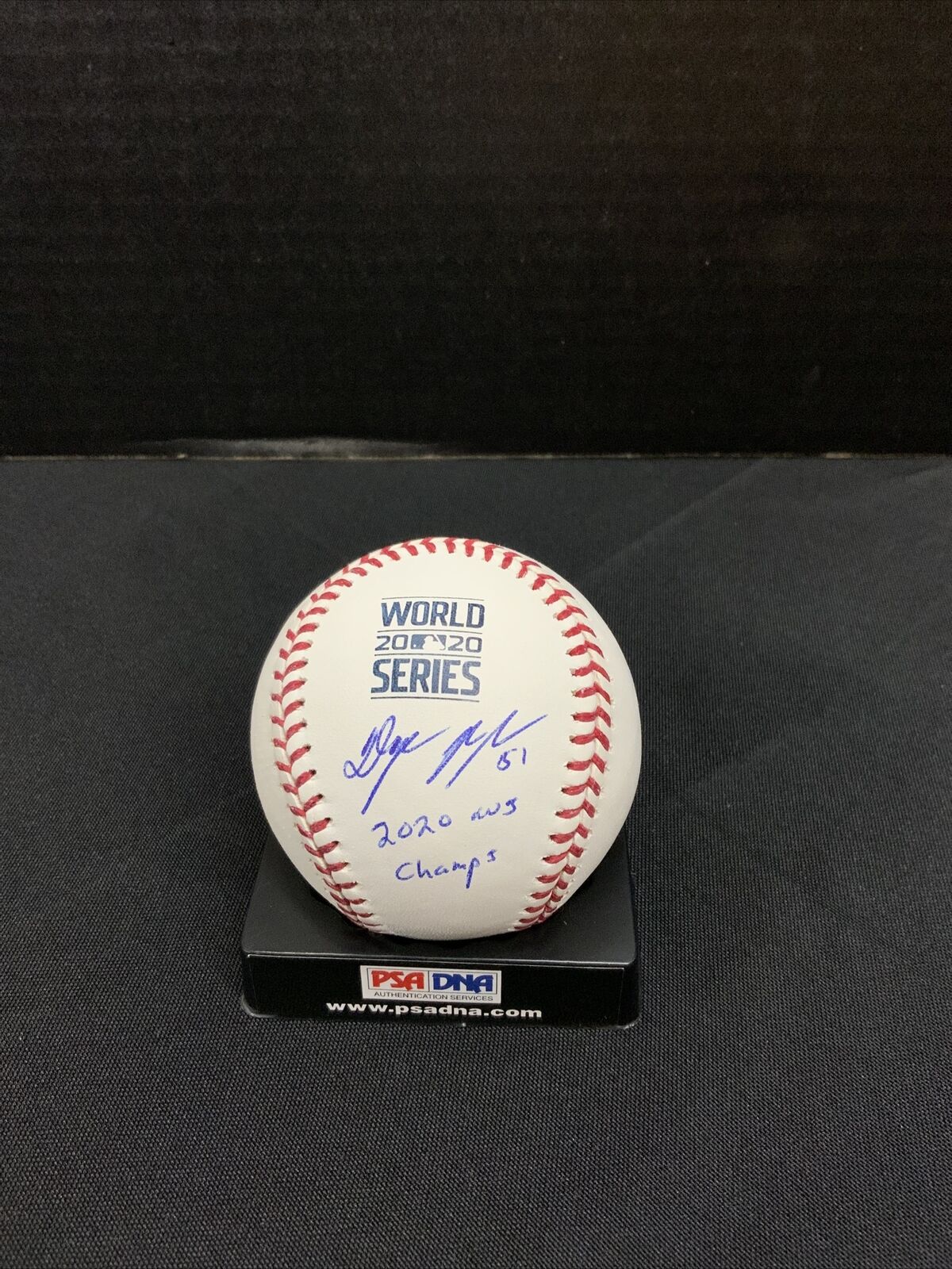 DYAN FLORO SIGNED 2020 WORLD SERIES BASEBALL "2020 WS CHAMPS" INSCRIPTION PSA