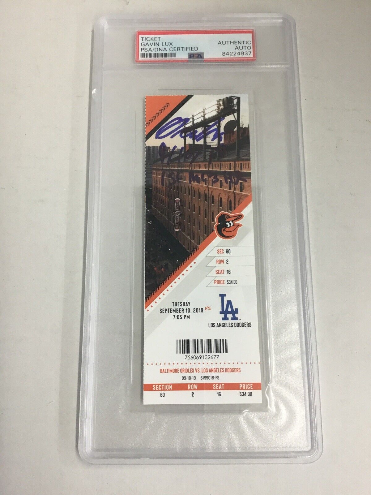 GAVIN LUX SIGNED PSA SLABBED TICKET STUB "1ST MLB HR" INSCRIPTION FANATICS