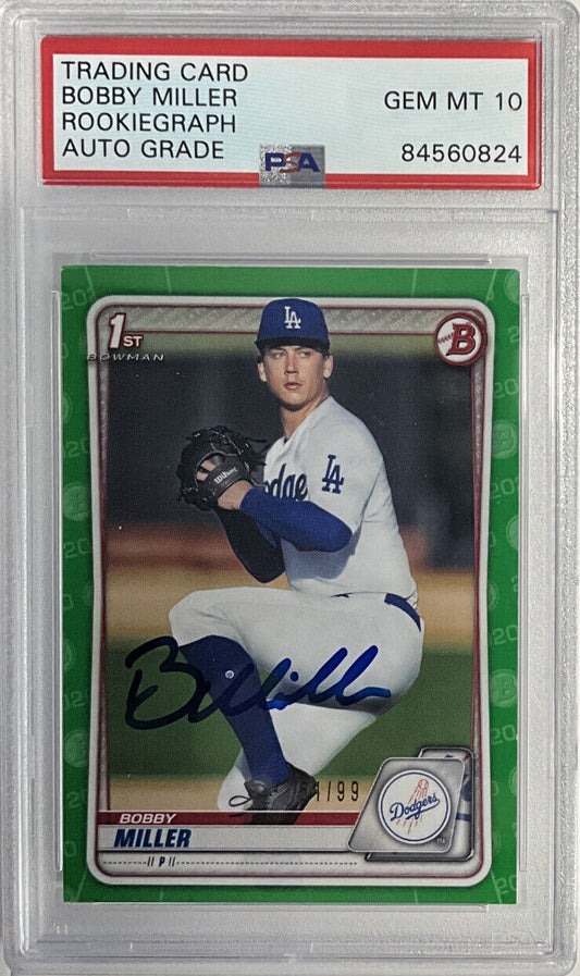 BOBBY MILLER DODGERS SIGNED 1ST BOWMAN GREEN 51/99 PSA 84560824 GEM MT 10 AUTO