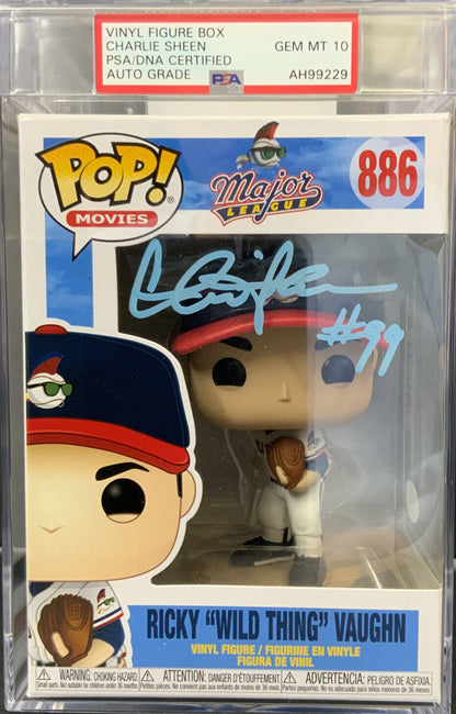 CHARLIE SHEEN SIGNED "RICKY VAUGHN" FUNKO POP PSA SLABBED AH99229 GEM MT 10 AUTO