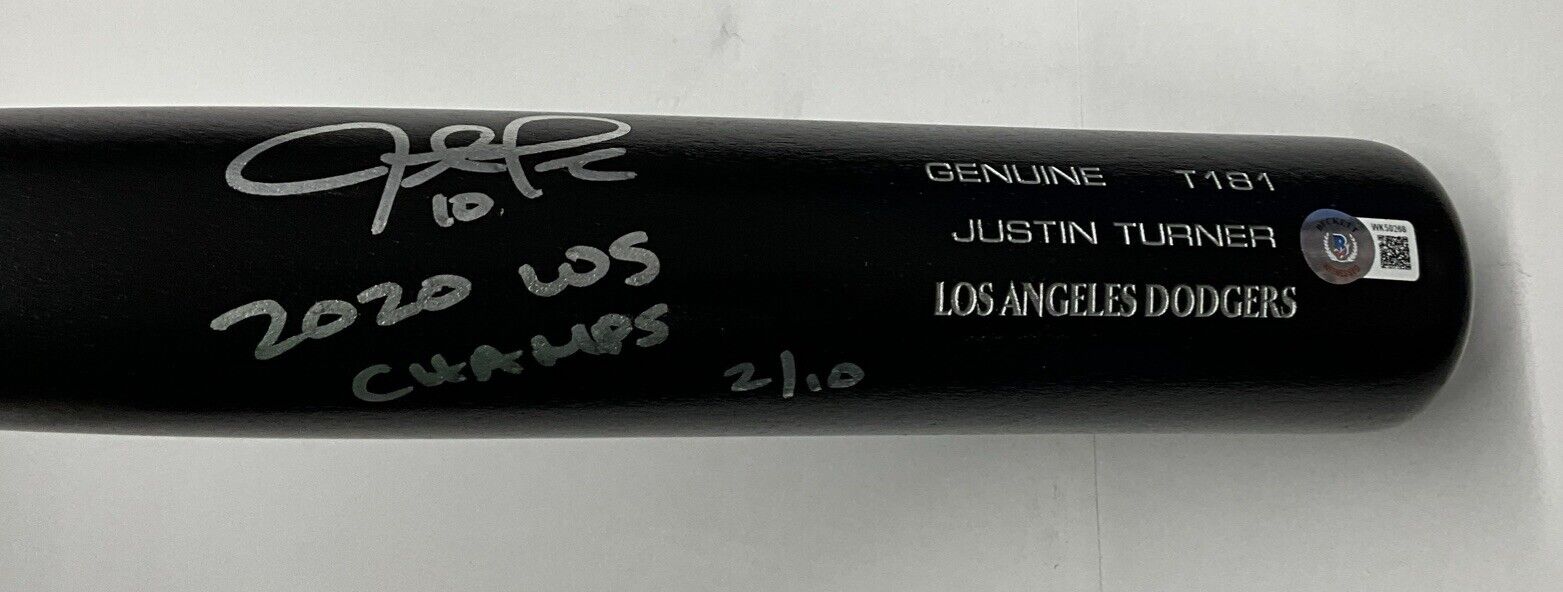 2/10 S JUSTIN TURNER DODGERS SIGNED LOUISVILLE SLUGGER BAT "2020 WS CHAMPS" BAS