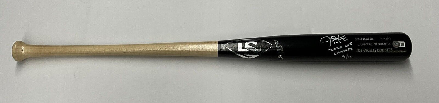 9/10 W JUSTIN TURNER DODGERS SIGNED LOUISVILLE SLUGGER BAT "2020 WS CHAMPS" BAS