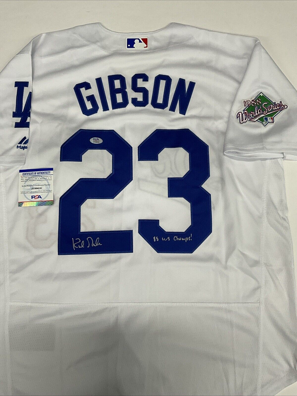 KIRK GIBSON SIGNED DODGERS 88 WORLD SERIES JERSEY "88 WS CHAMPS! INS PSA 2C69610