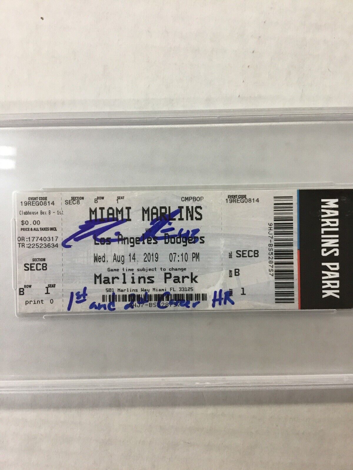 DODGERS EDWIN RIOS SIGNED 1ST AND 2ND CAREER HR TICKET STUB PSA/DNA SLABBED 0269