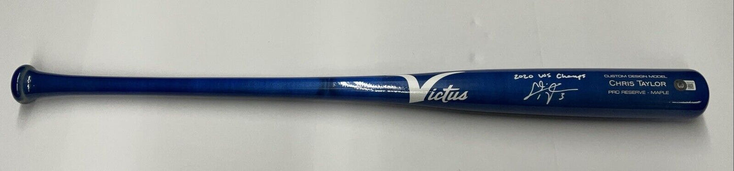 CHRIS TAYLOR DODGERS SIGNED VICTUS MODEL BLUE BAT "2020 WS CHAMPS" BAS WZ59549