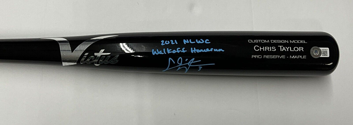 CHRIS TAYLOR DODGERS SIGNED VICTUS BAT "2021 NL WC WALK0FF HOMERUN" BAS WZ59571