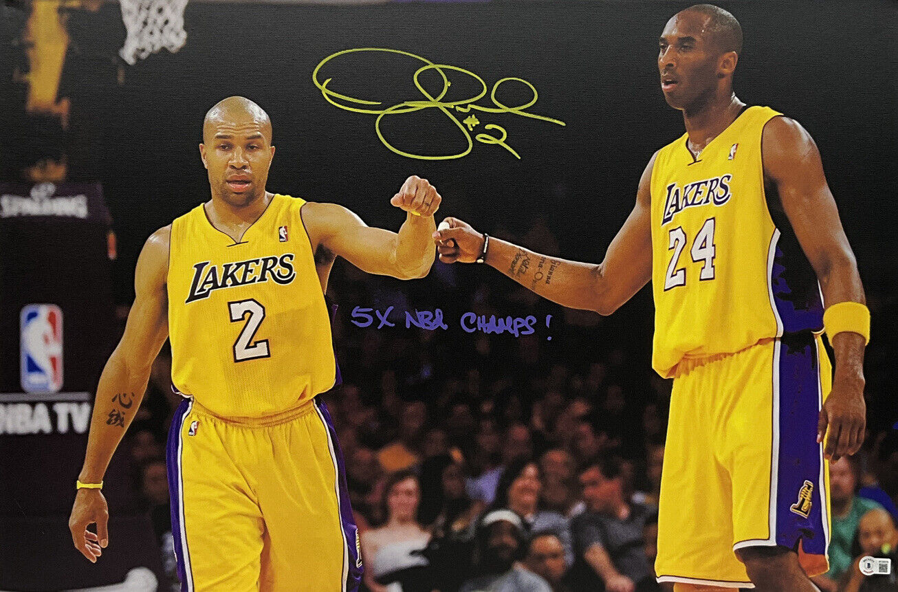 DEREK FISHER LAKERS SIGNED 20X30 STRETCHED CANVAS WITH KOBE 5X CHAMP BAS W128319