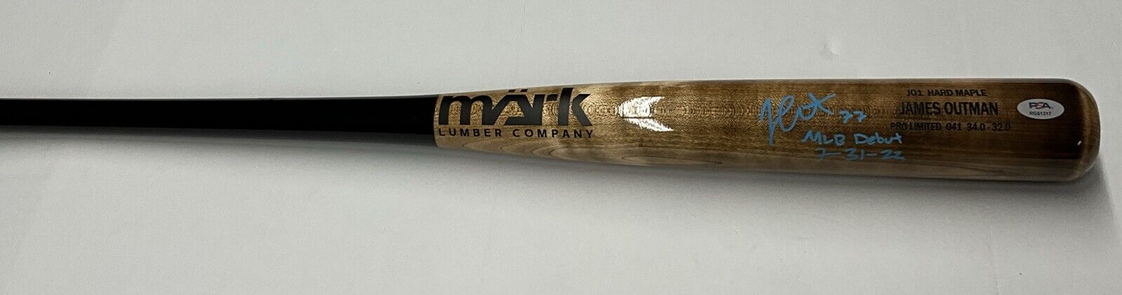 JAMES OUTMAN DODGERS SIGNED MARK LUMBER MODEL BAT "MLB DEBUT 7-31-22 PSA RG51317