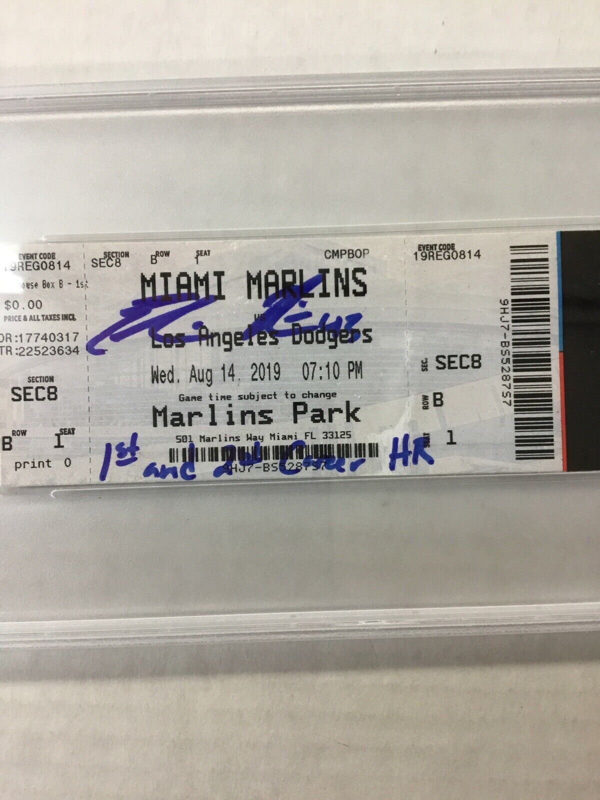 DODGERS EDWIN RIOS SIGNED 1ST AND 2ND CAREER HR TICKET STUB PSA/DNA SLABBED 0269