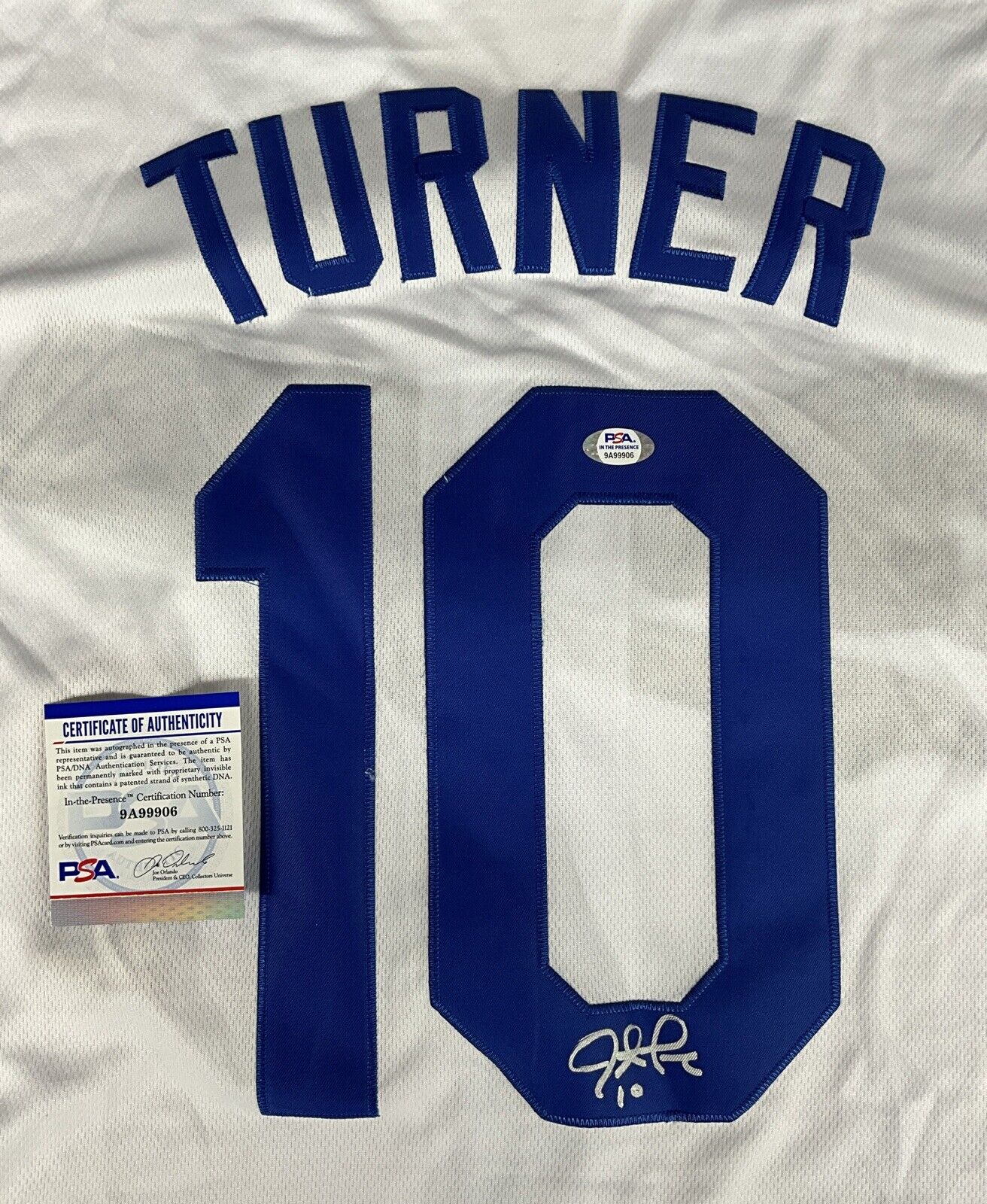 JUSTIN TURNER DODGERS SIGNED 2020 WORLD SERIES JERSEY PSA 9A99906