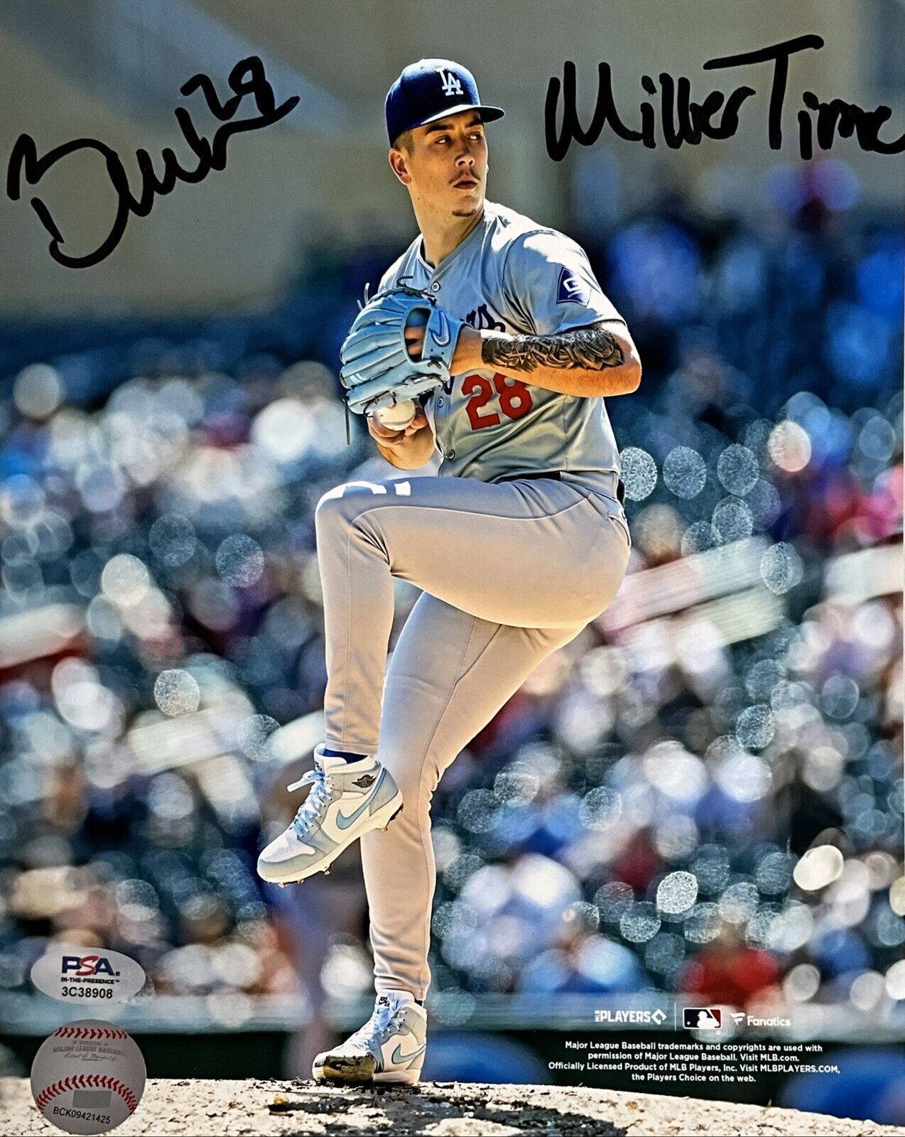 BOBBY MILLER DODGERS SIGNED 8X10 PITCHING VS TWINS PHOTO "MILLER TIME" INSC PSA