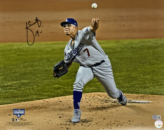 JULIO URIAS DODGERS SIGNED 2020 WORLD SERIES 16X20 PITCHING PHOTO BAS