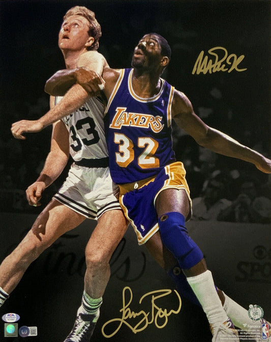 MAGIC JOHNSON LAKERS LARRY BIRD BOSTON CELTICS SIGNED 16X20 PHOTO BAS PSA C10267