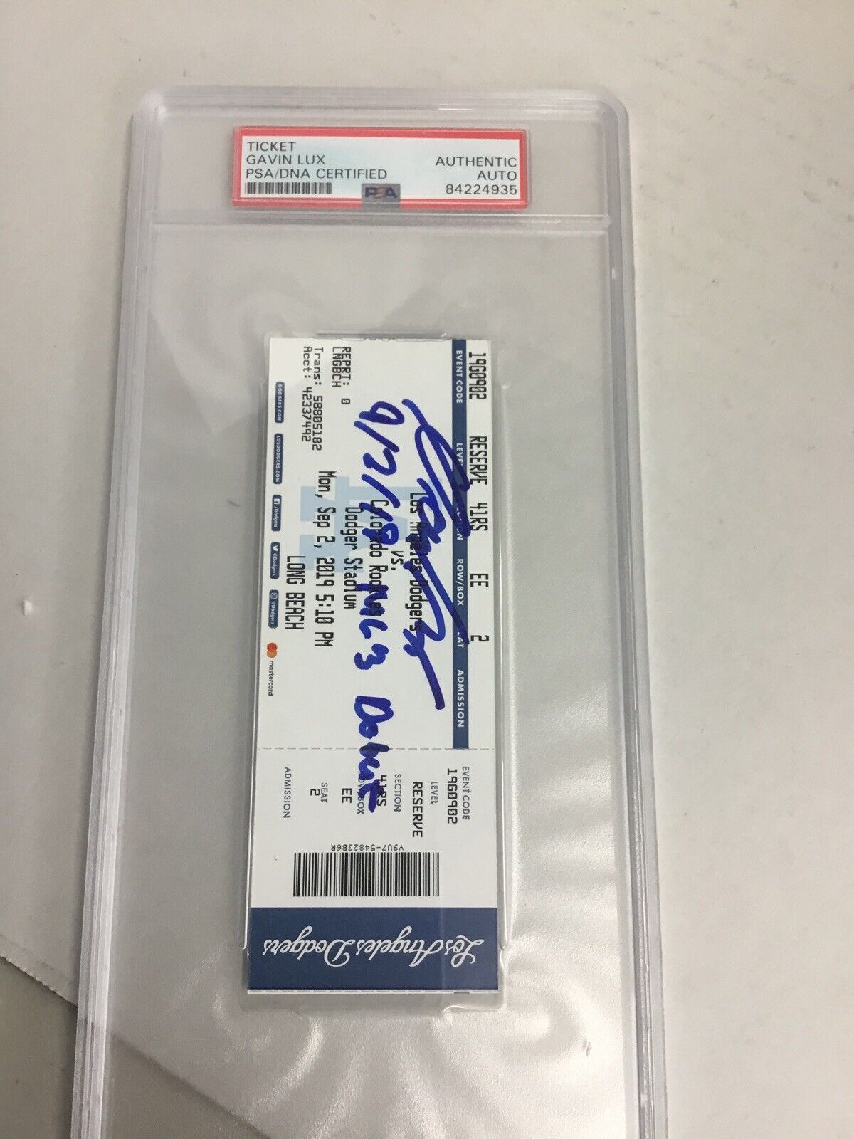 GAVIN LUX SIGNED PSA SLABBED TICKET STUB "9/2/19 MLB DEBUT" INSCRIPT FANATICS 36