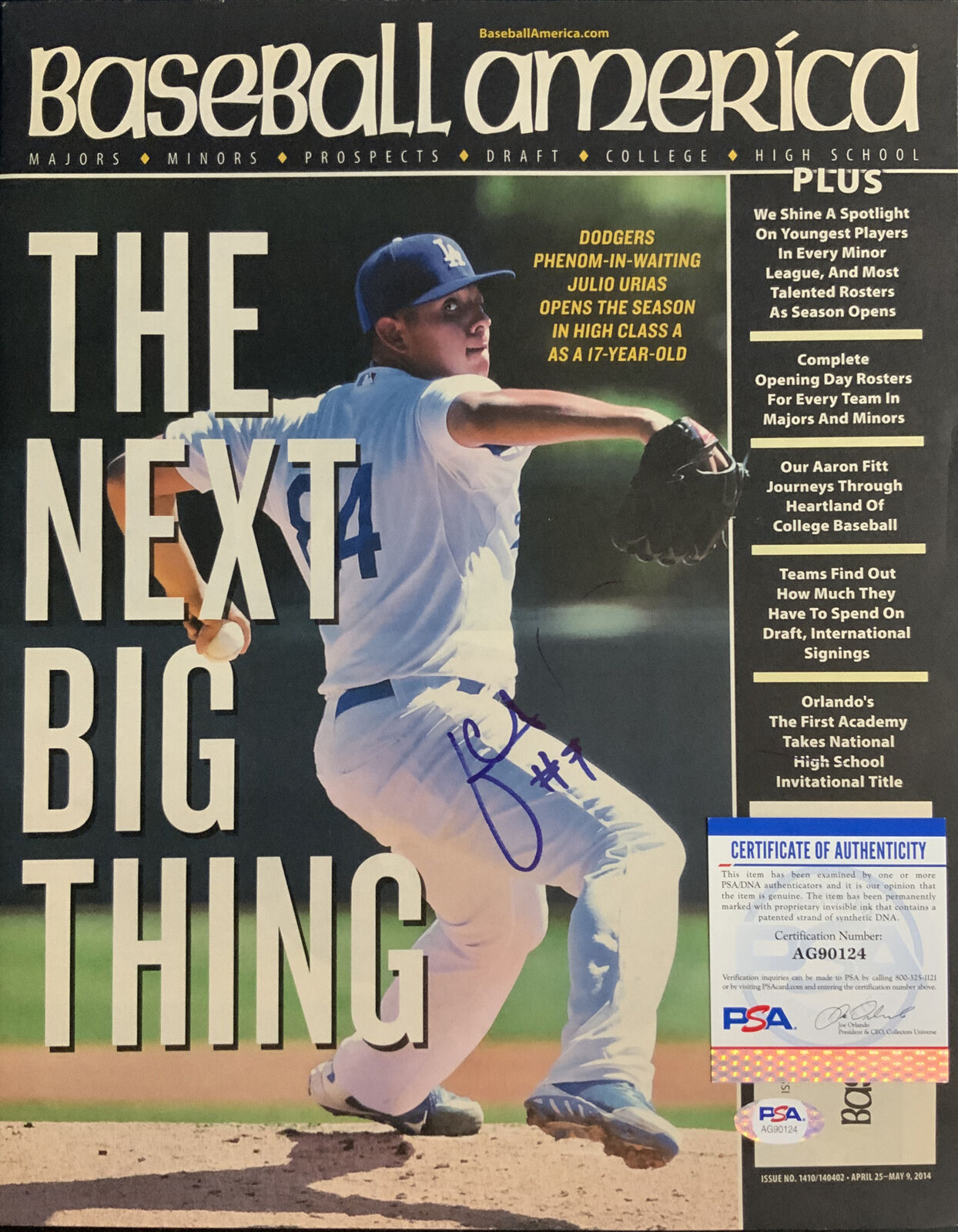 DODGERS WS CHAMP JULIO URIAS SIGNED 2014 BASEBALL AMERICA MAGAZINE PSA AG90124