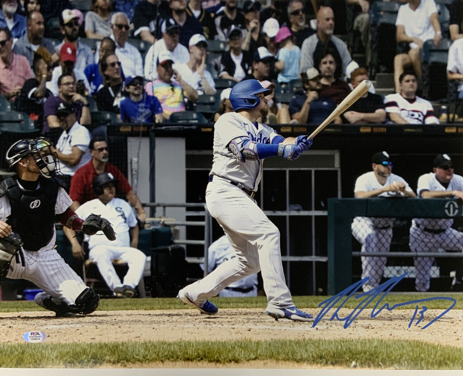 MAX MUNCY DODGERS SIGNED 16X20 HITTING  PHOTO  VS WHITE SOX PSA WITNESS