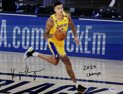 KYLE KUZMA LAKERS SIGNED 11X14 DRIBBLING PHOTO "2020 CHAMPS" INSCRIPTION PSA