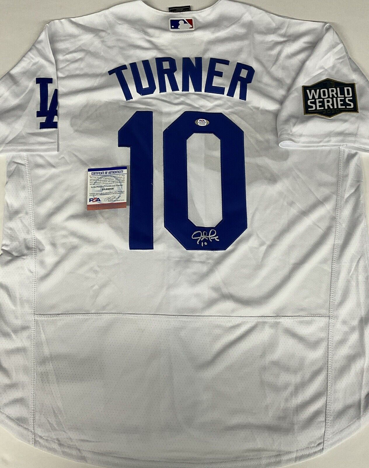 JUSTIN TURNER DODGERS SIGNED 2020 WORLD SERIES JERSEY PSA 9A99906