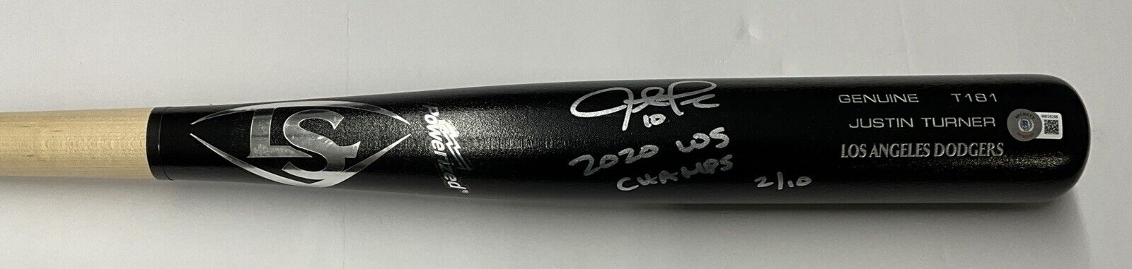 2/10 S JUSTIN TURNER DODGERS SIGNED LOUISVILLE SLUGGER BAT "2020 WS CHAMPS" BAS