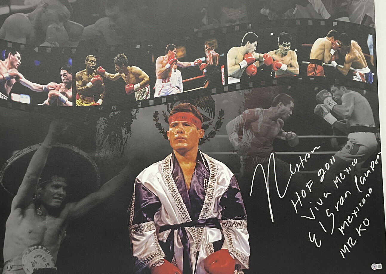 JULIO CESAR CHAVEZ SIGNED 30X40 STRETCHED LE CANVAS MULTIPLE INSCRIP BAS W210364