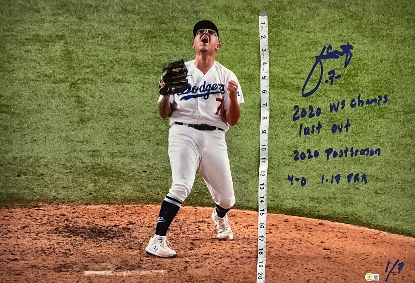 1/7 JULIO URIAS DODGERS SIGNED 22X32 CANVAS "2020 WS CHAMPS, LAST OUT" INS BAS