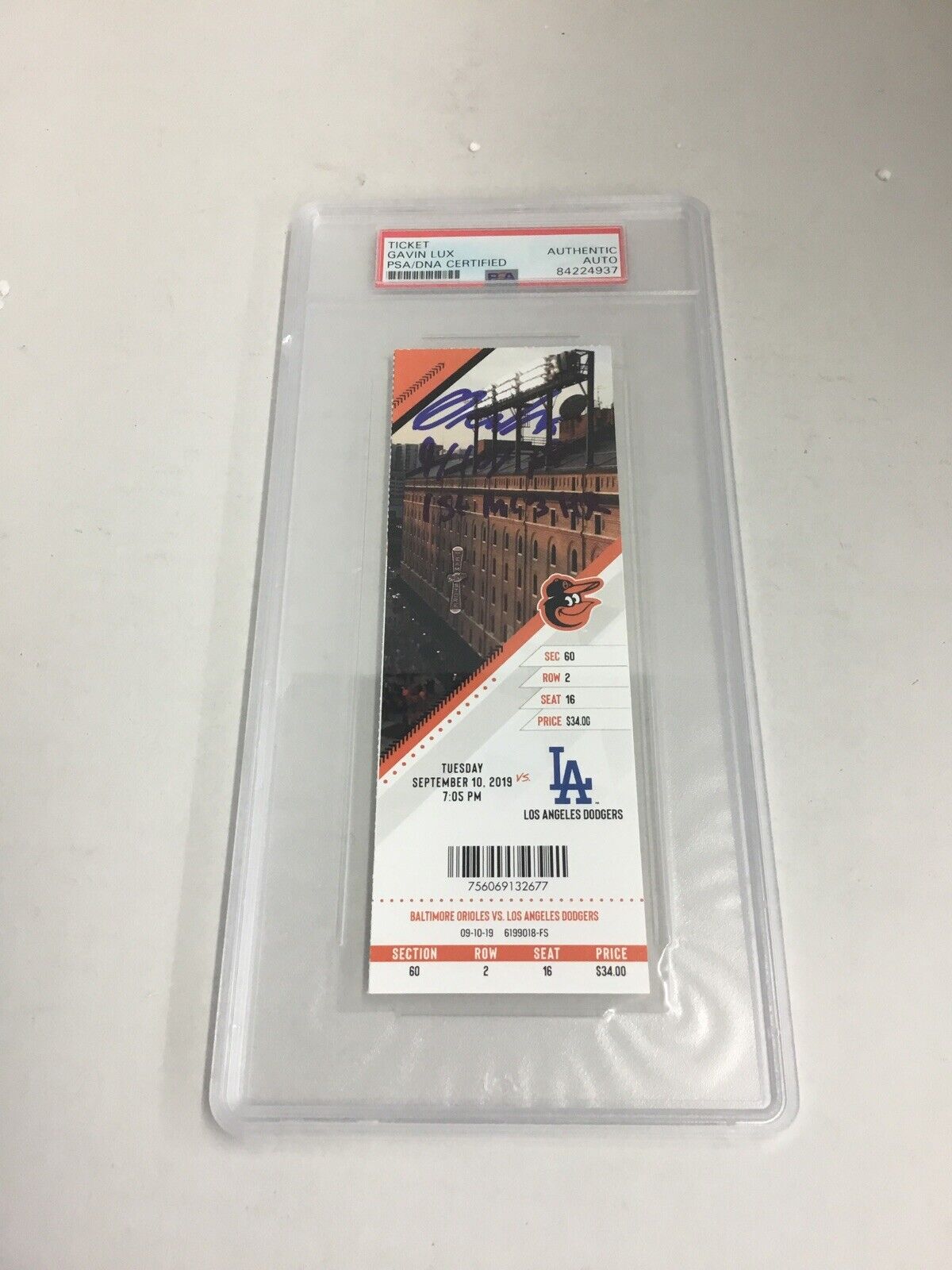 GAVIN LUX SIGNED PSA SLABBED TICKET STUB "1ST MLB HR" INSCRIPTION FANATICS