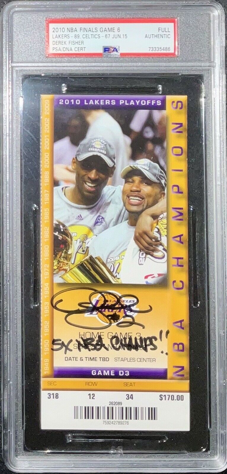 DEREK FISHER SIGNED 2010 NBA FINALS TICKET STUB "5X NBA CHAMPS" PSA 73335486