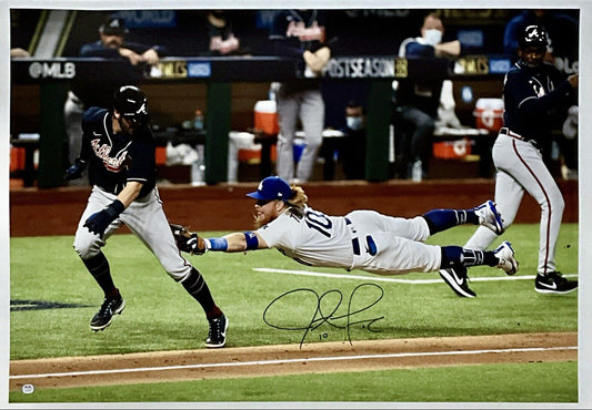 JUSTIN TURNER DODGERS SIGNED 22X33 2020 NLCS DIVING TAG CANVAS PSA 9A99842