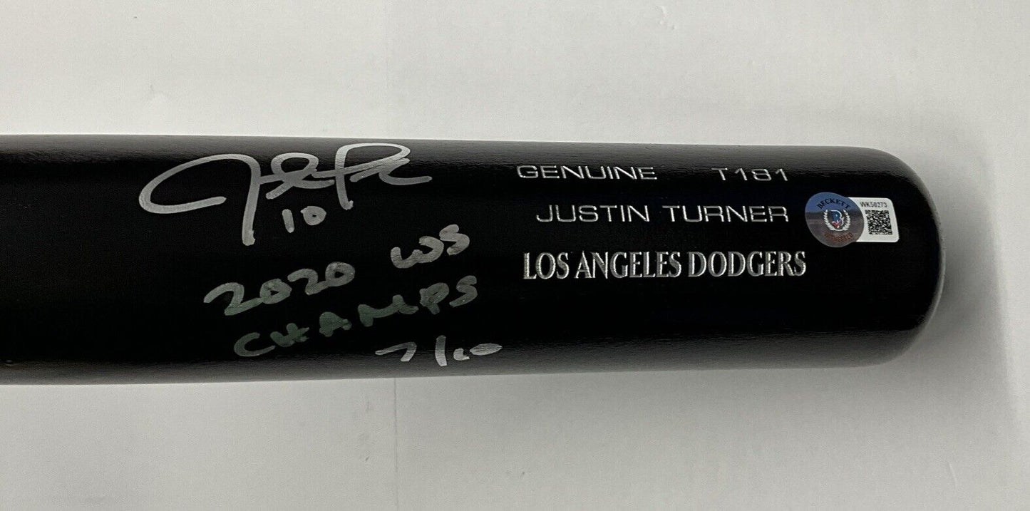 7/10 S JUSTIN TURNER DODGERS SIGNED LOUISVILLE SLUGGER BAT "2020 WS CHAMPS" BAS