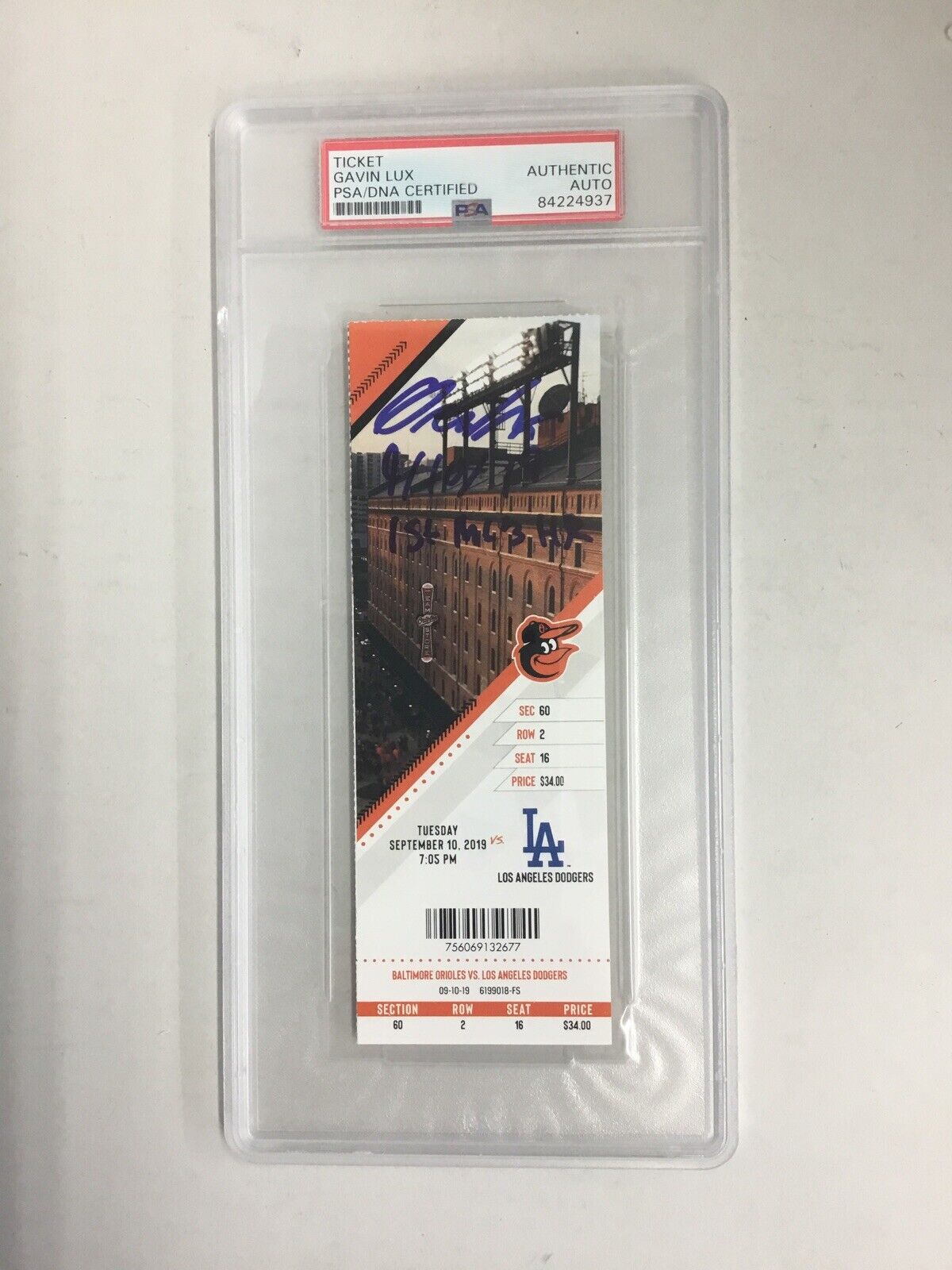 GAVIN LUX SIGNED PSA SLABBED TICKET STUB "1ST MLB HR" INSCRIPTION FANATICS