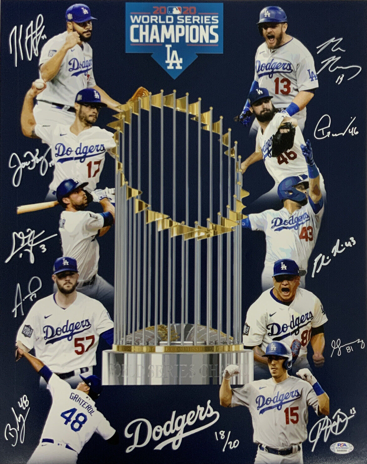 18/20 DODGERS 2020 WORLD SERIES 16X20 PHOTO WITH 10 AUTOGRAPHS MUNCY TAYLOR PSA