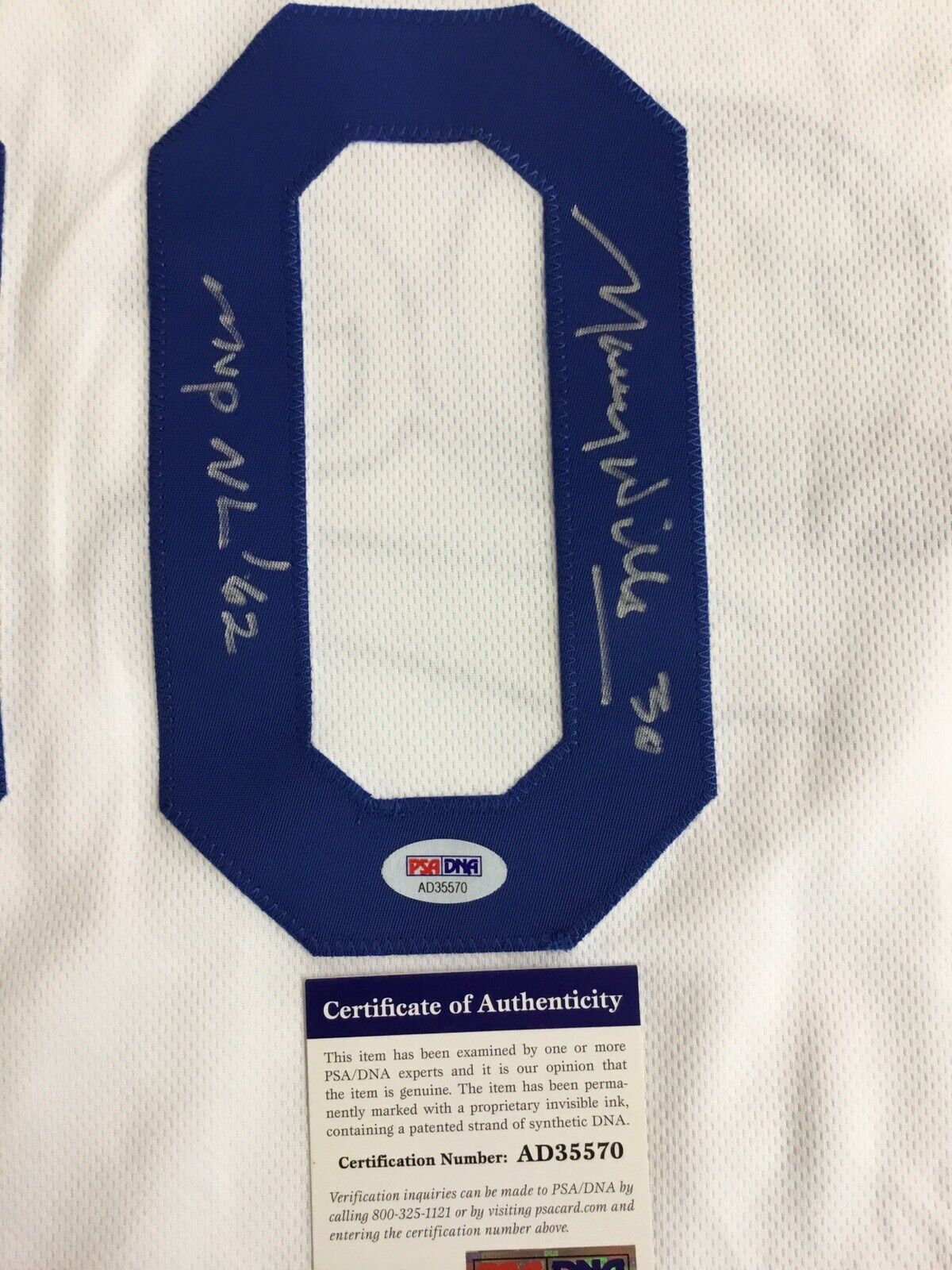 MAURY WILLS DODGERS SIGNED JERSEY WITH "MVP NL 62'" INSCRIPTION PSA COA