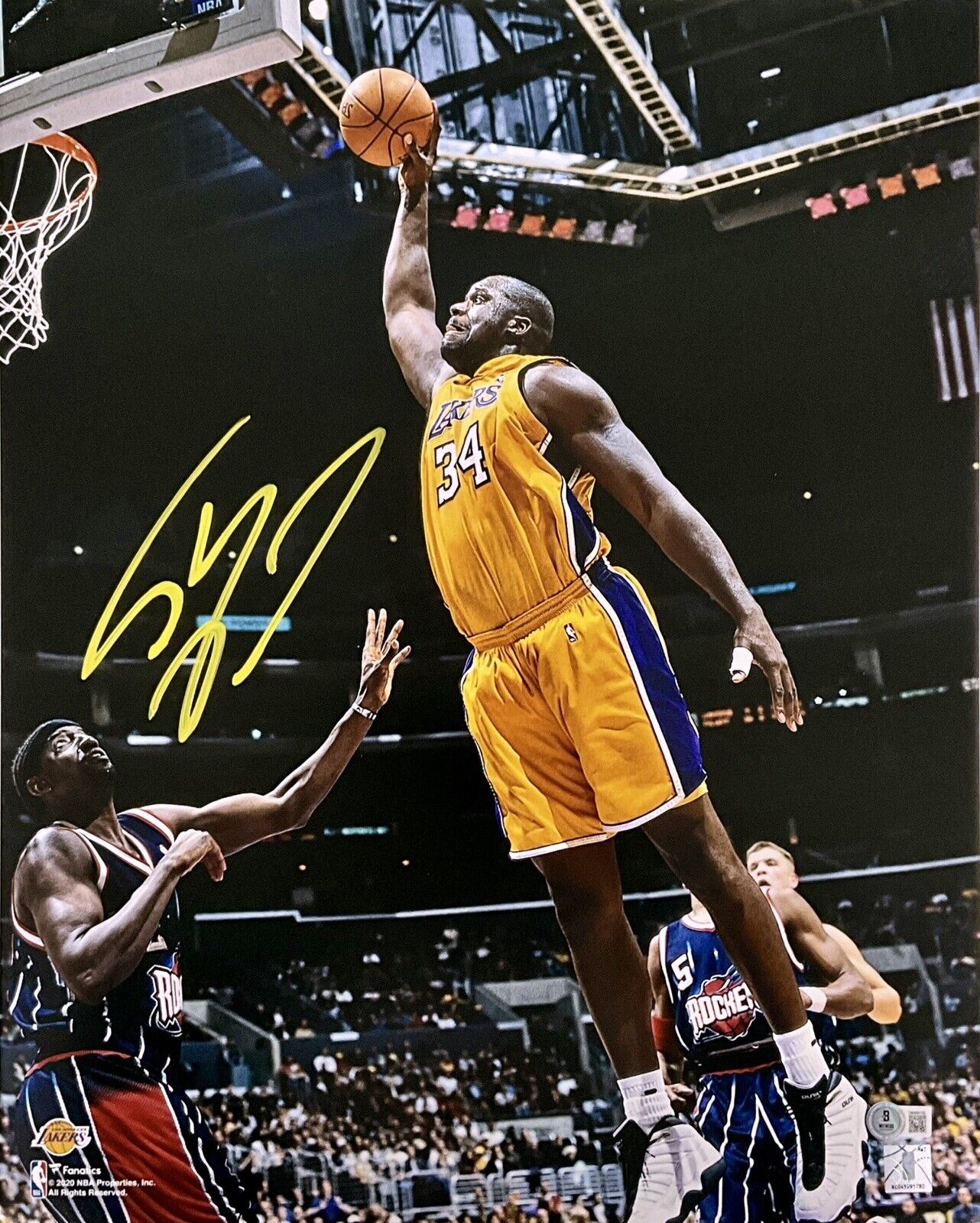 SHAQUILLE O'NEAL LAKERS SIGNED 16X20 PHOTO DUNK VS ROCKETS BAS WITNESS