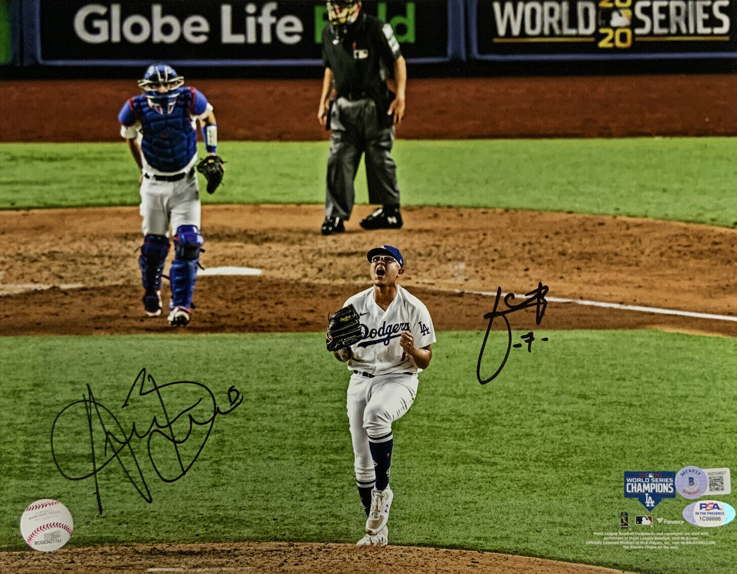 AUSTIN BARNES & JULIO URIAS DODGERS SIGNED 2020 WS LAST OUT 11X14 PHOTO BAS PSA