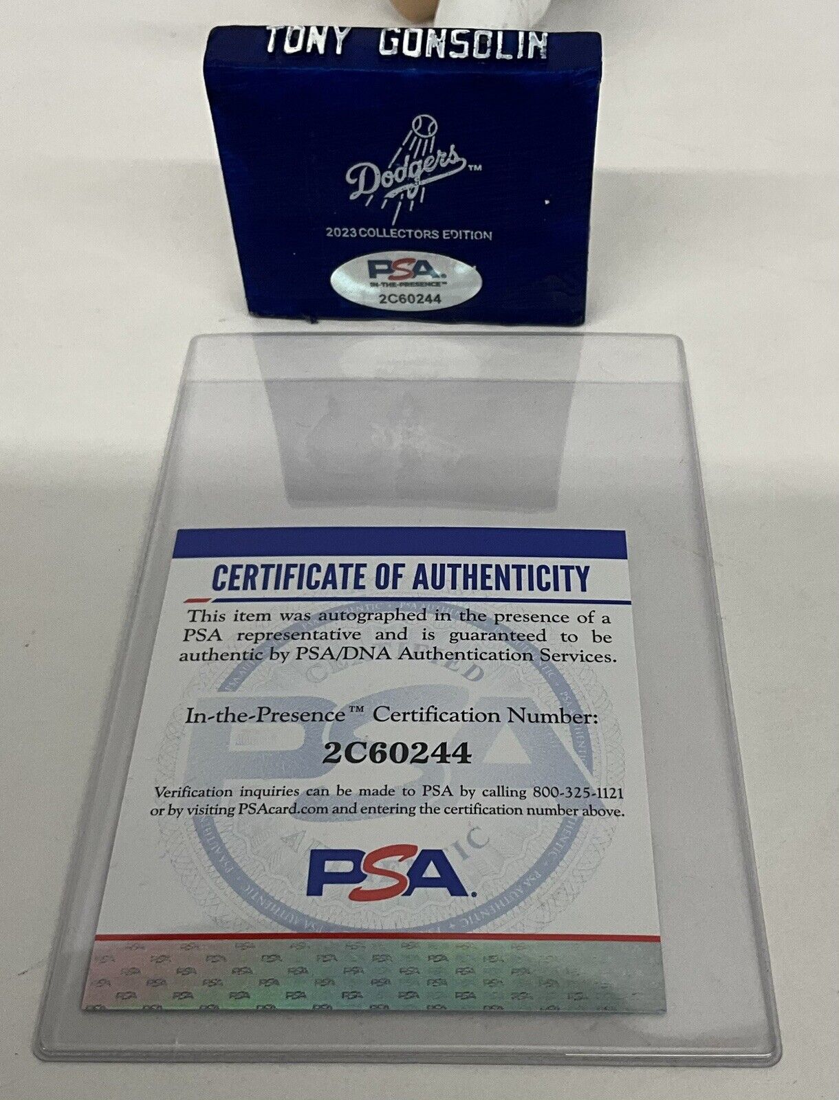 TONY GONSOLIN SIGNED DODGERS SGA BOBBLEHEAD "2020 WS CHAMPS" INSCRIP PSA 2C60244