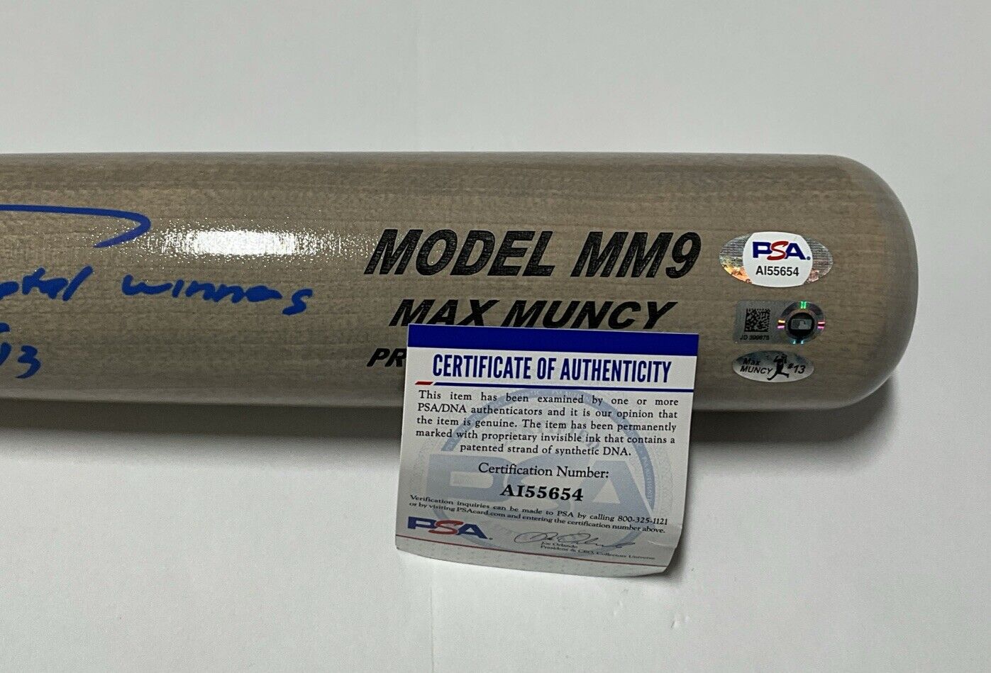 9/13 MAX MUNCY SIGNED GAME MODEL MM9 MAXBAT "2020 piece of metal winner" MLB PSA