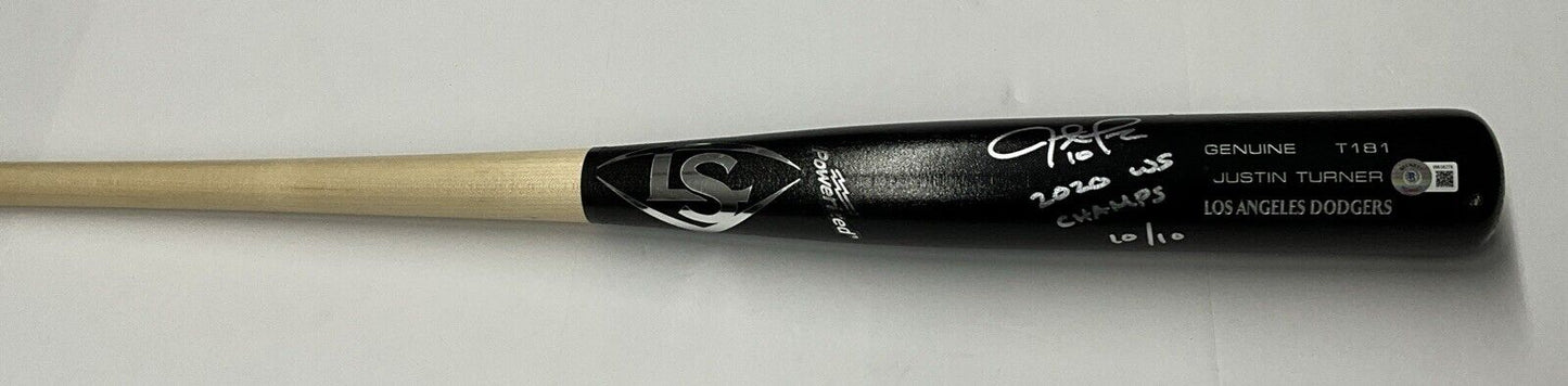 10/10 S JUSTIN TURNER DODGERS SIGNED LOUISVILLE SLUGGER BAT "2020 WS CHAMPS" BAS