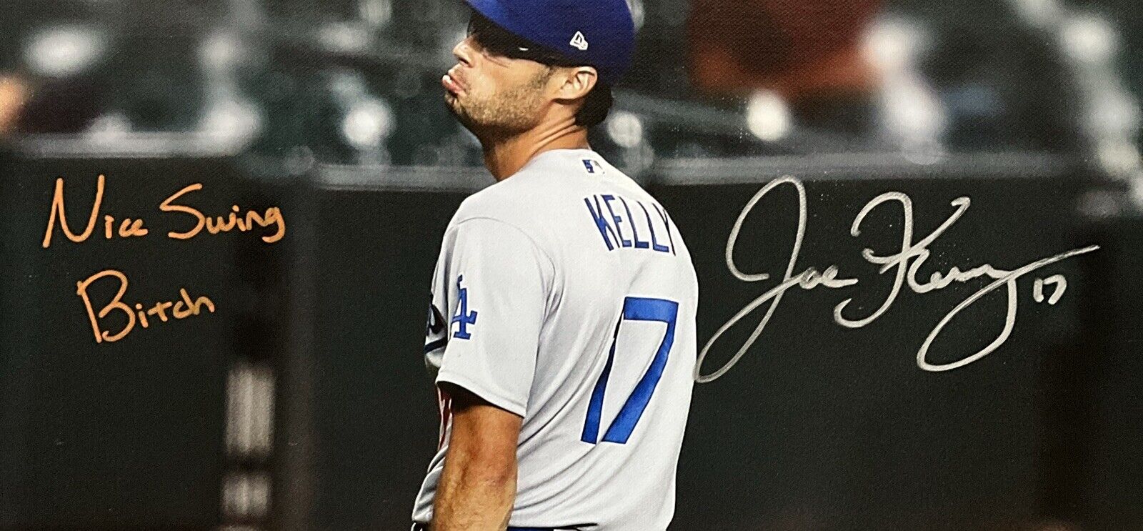 JOE KELLY SIGNED DODGERS 19X23 POUTY FACE CANVAS "NICE SWING BITCH" PSA 9A26627